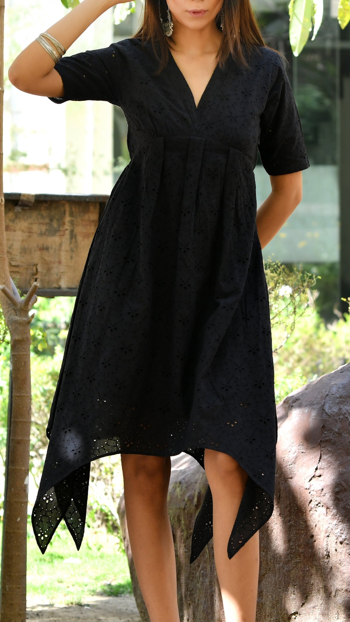 Black Asymmetrical Schiffli Dress