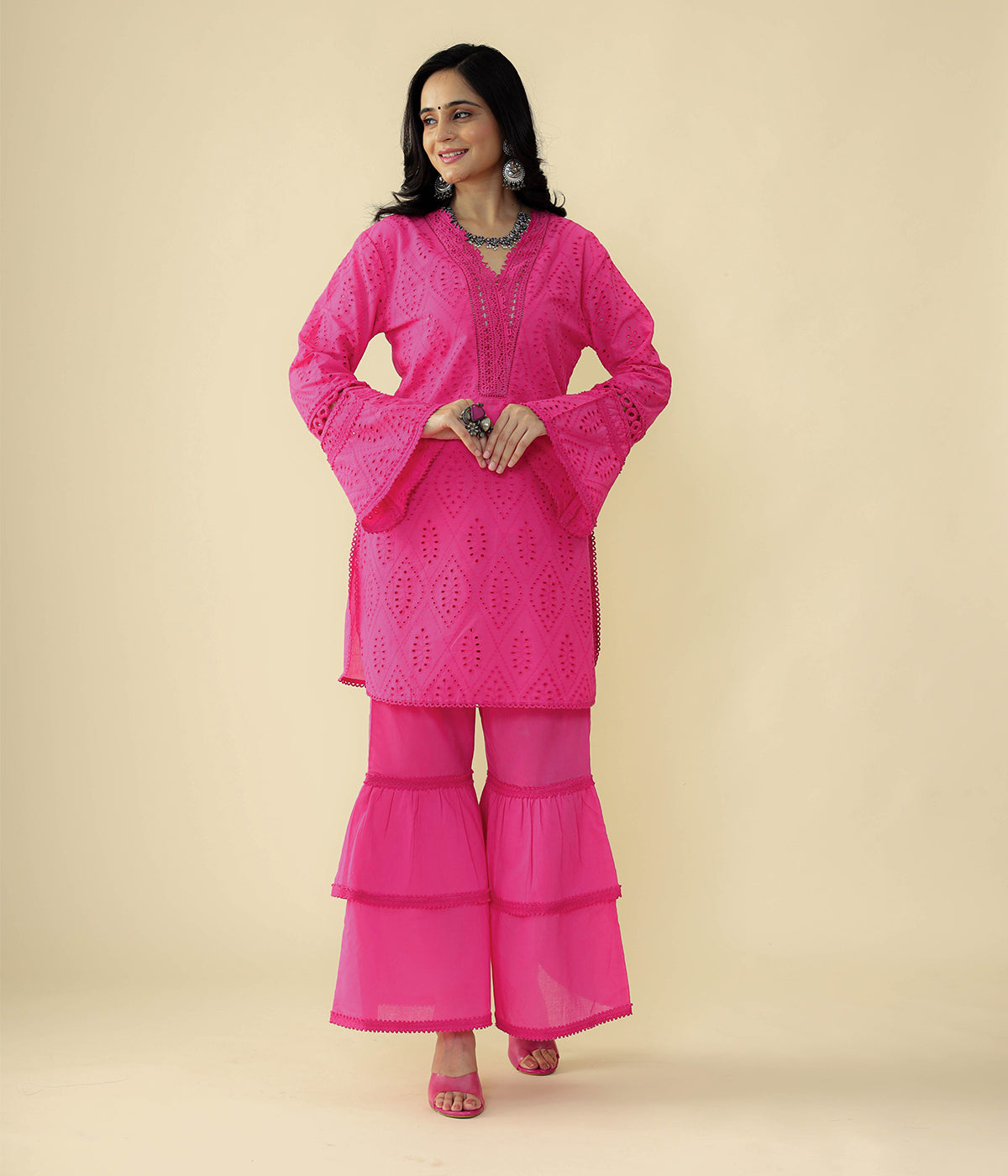 Hot Pink Schiffli Kurta Set - CHIKARI