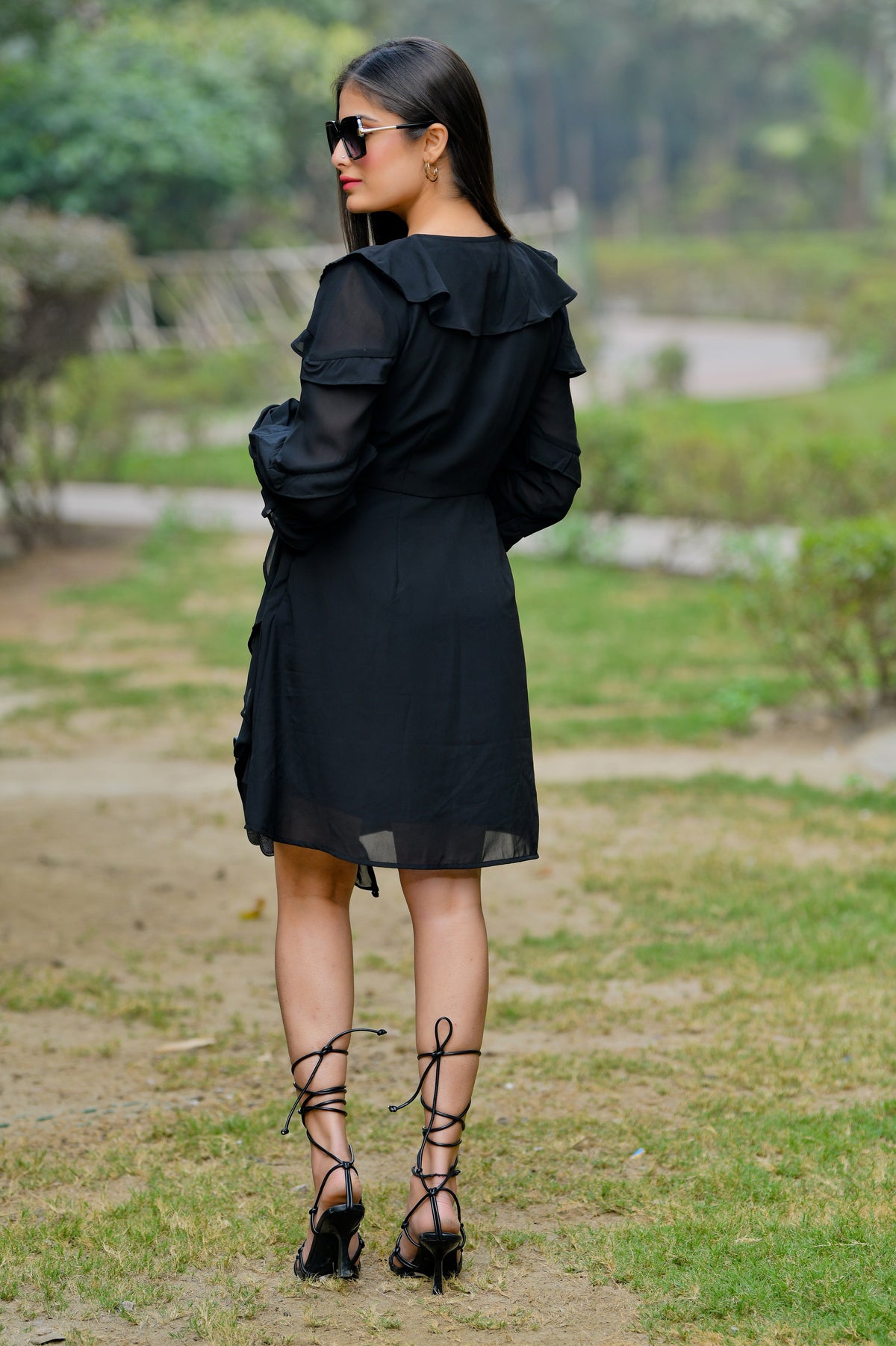 Black Full Sleeves Ruffle Dress