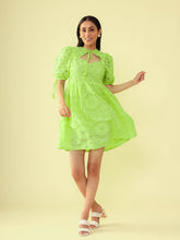Load image into Gallery viewer, Lush Green Puff Sleeves Schiffli Dress.

