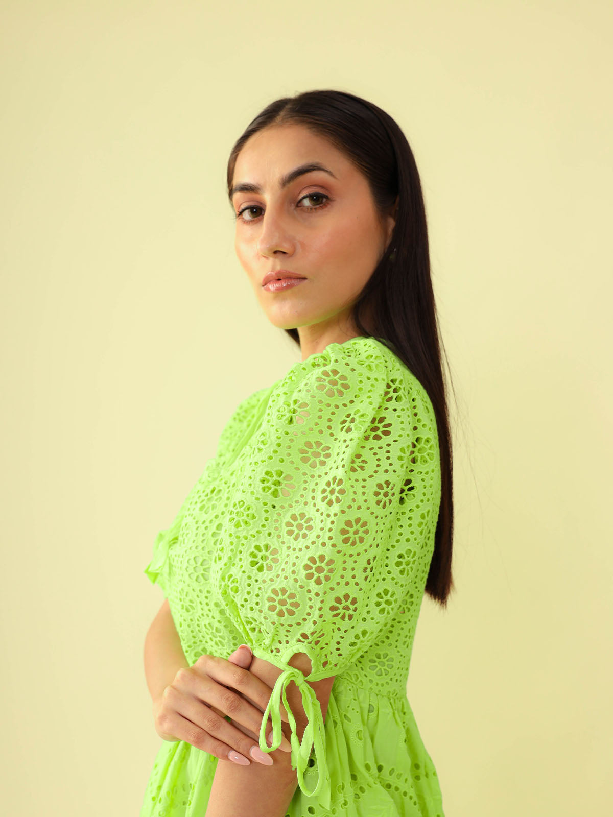 Lush Green Puff Sleeves Schiffli Dress. - CHIKARI