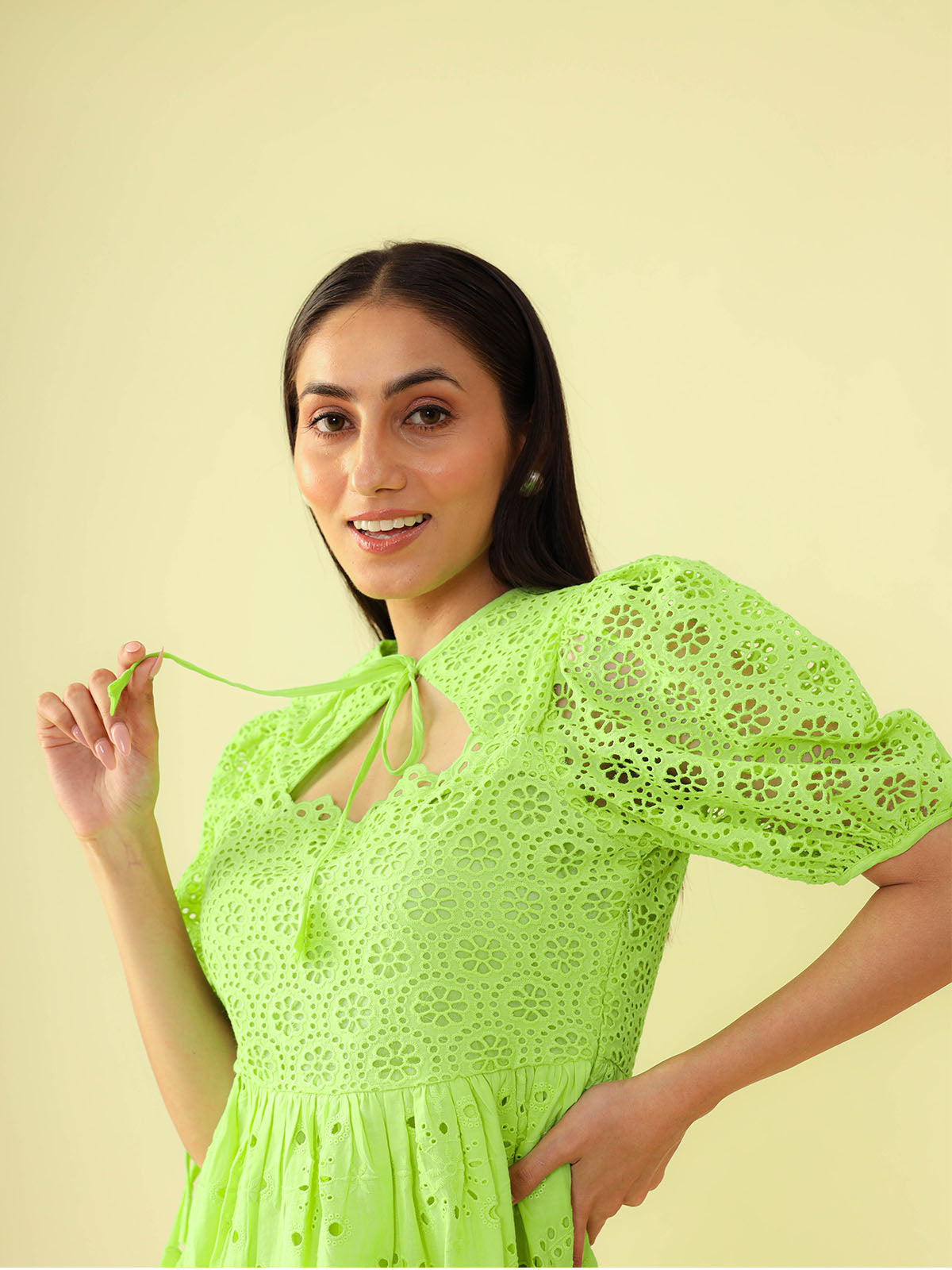 Lush Green Puff Sleeves Schiffli Dress. - CHIKARI