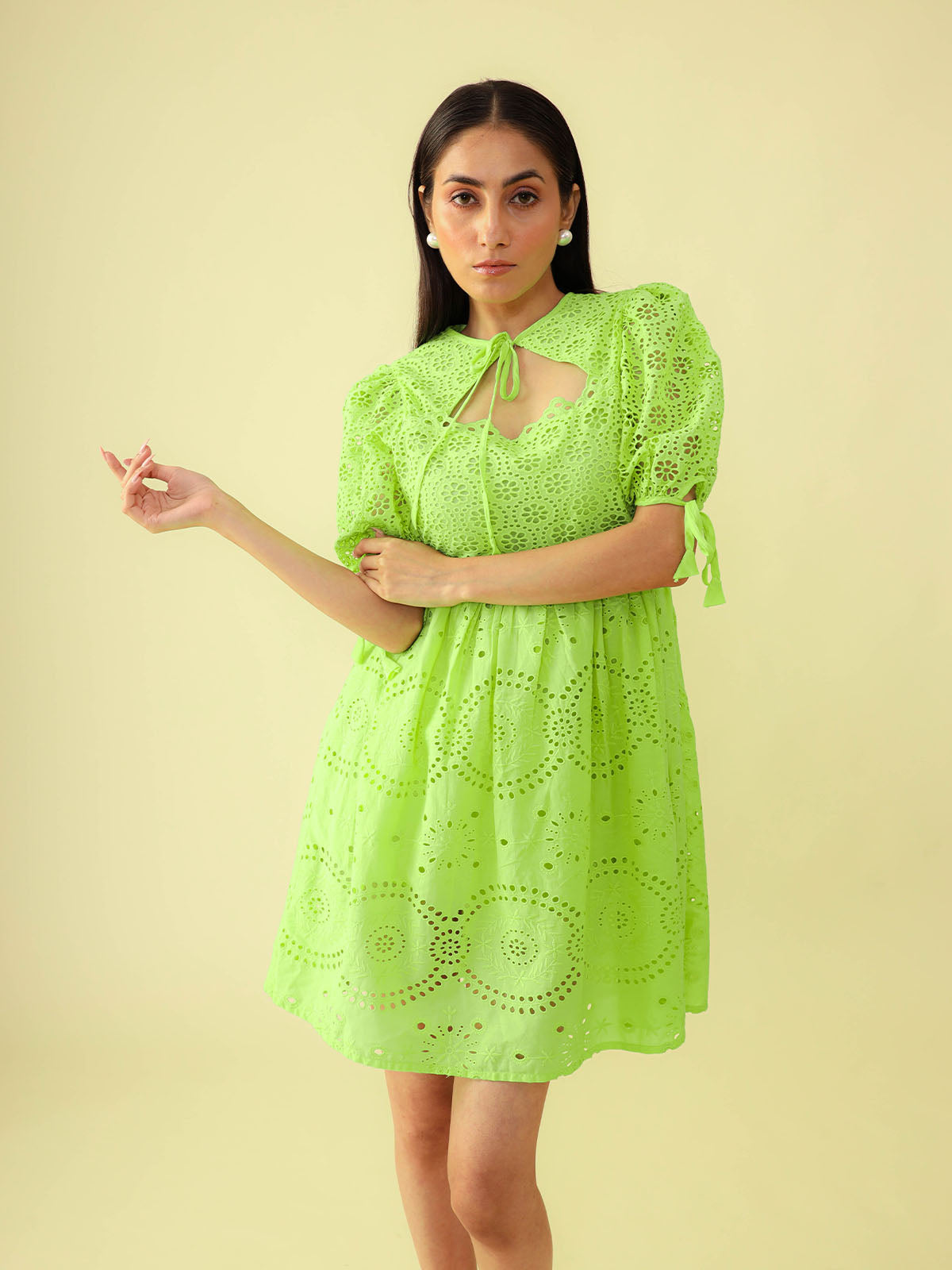 Lush Green Puff Sleeves Schiffli Dress. - CHIKARI