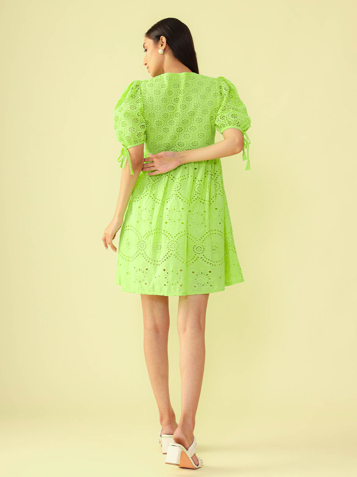 Lush Green Puff Sleeves Schiffli Dress. - CHIKARI