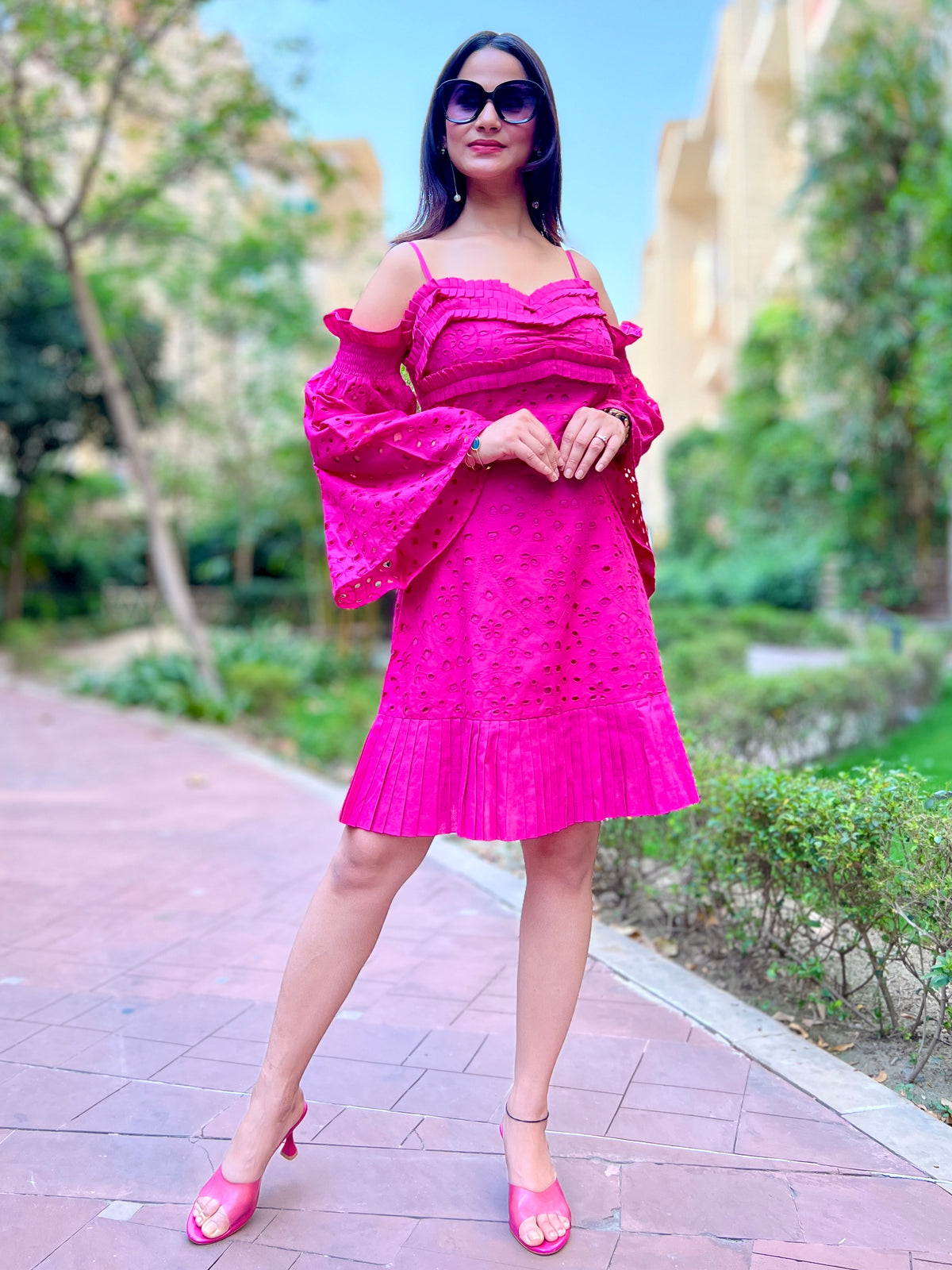 Hot Pink Schiffli Dress - CHIKARI