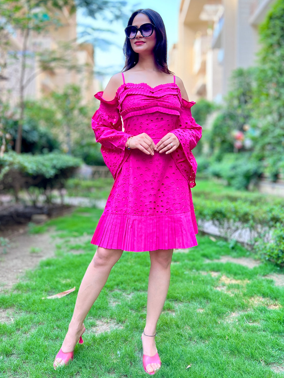Hot Pink Schiffli Dress - CHIKARI