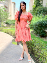 Load image into Gallery viewer, Peach Schiffli Tiered Short Dress. - CHIKARI
