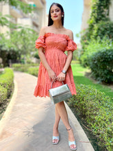 Load image into Gallery viewer, Peach Schiffli Tiered Short Dress. - CHIKARI
