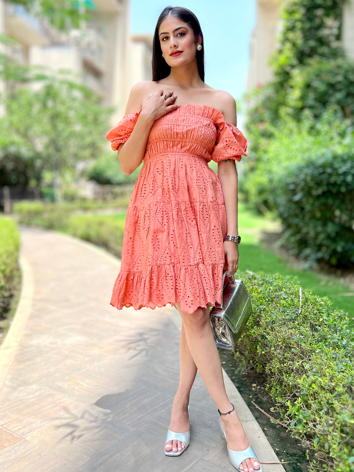 Peach Schiffli Tiered Short Dress. - CHIKARI