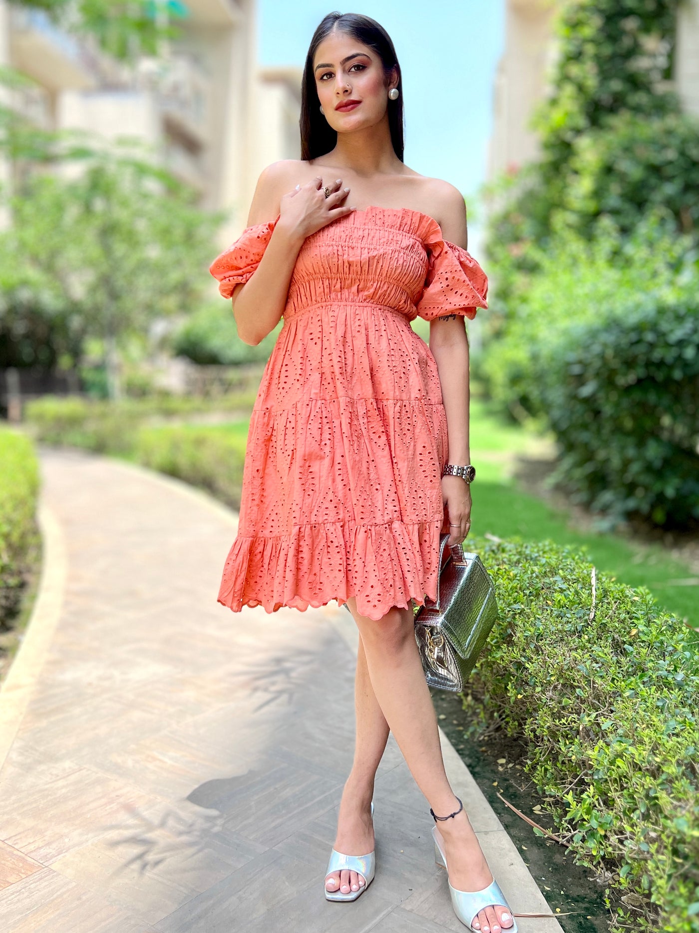 Peach Tiered Ruffle Dress - M