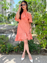 Load image into Gallery viewer, Elegant Peach Schiffli Neck Band Dress. - CHIKARI
