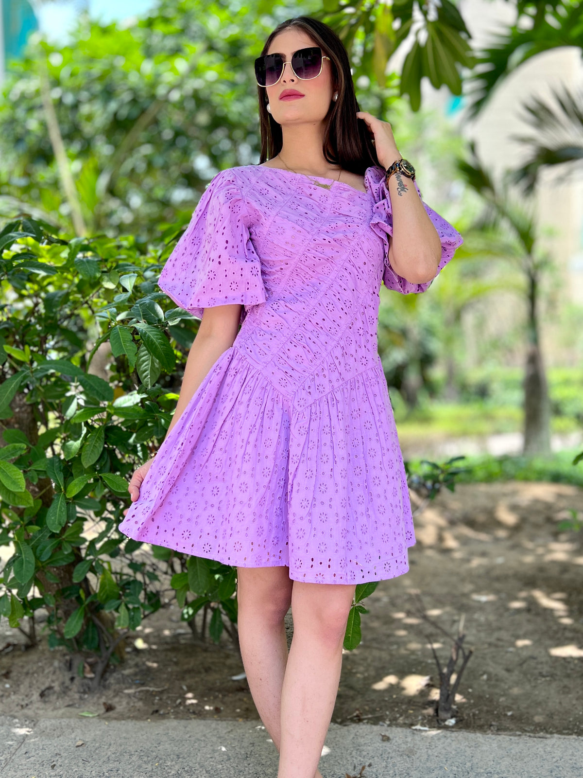 Lilac Ruching Short Dress - CHIKARI