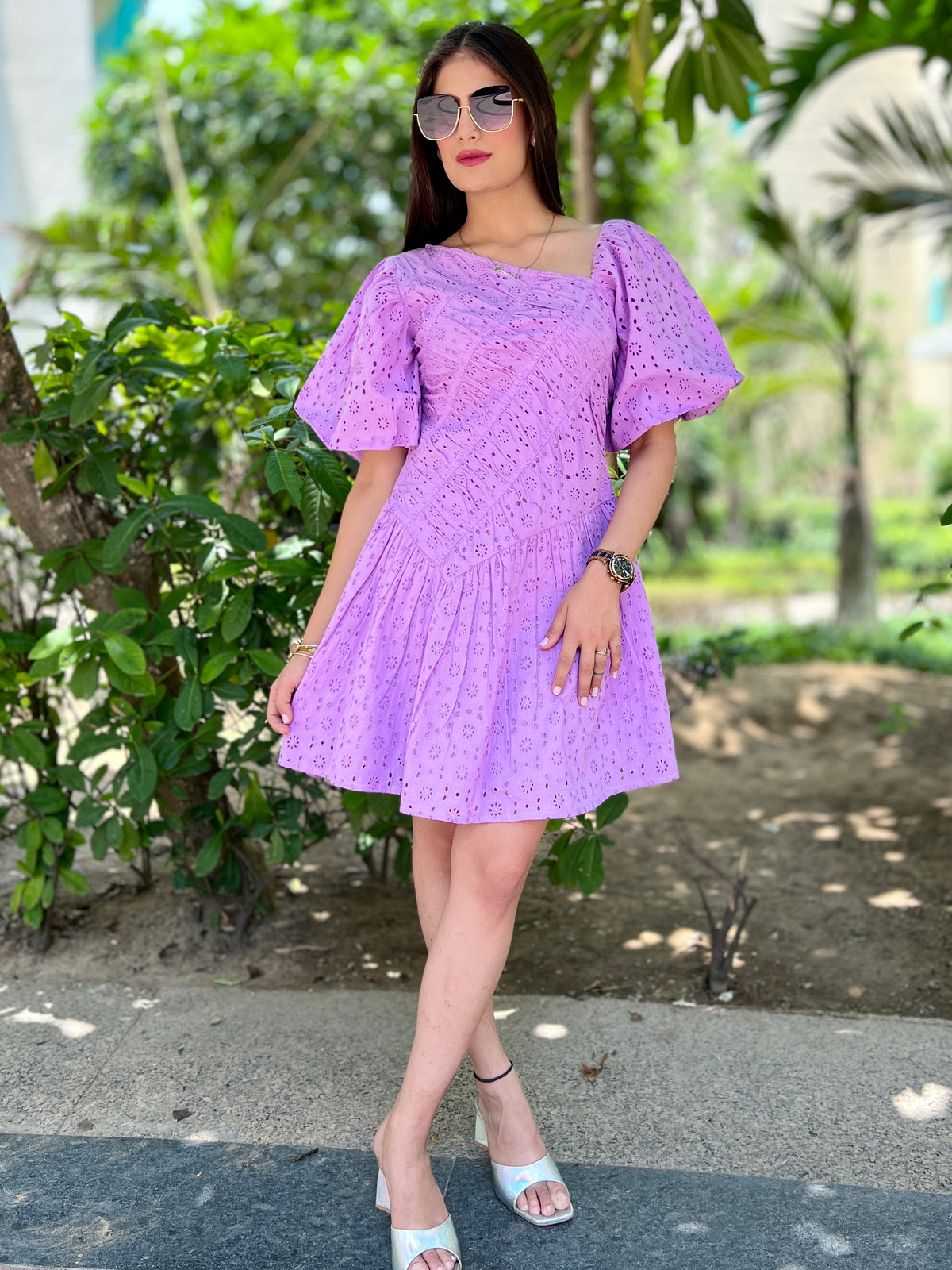 Lilac Ruching Short Dress - CHIKARI
