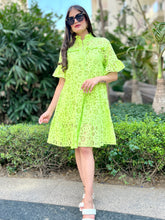 Load image into Gallery viewer, Lush Green Loose Fit Schiffli Dress. - CHIKARI