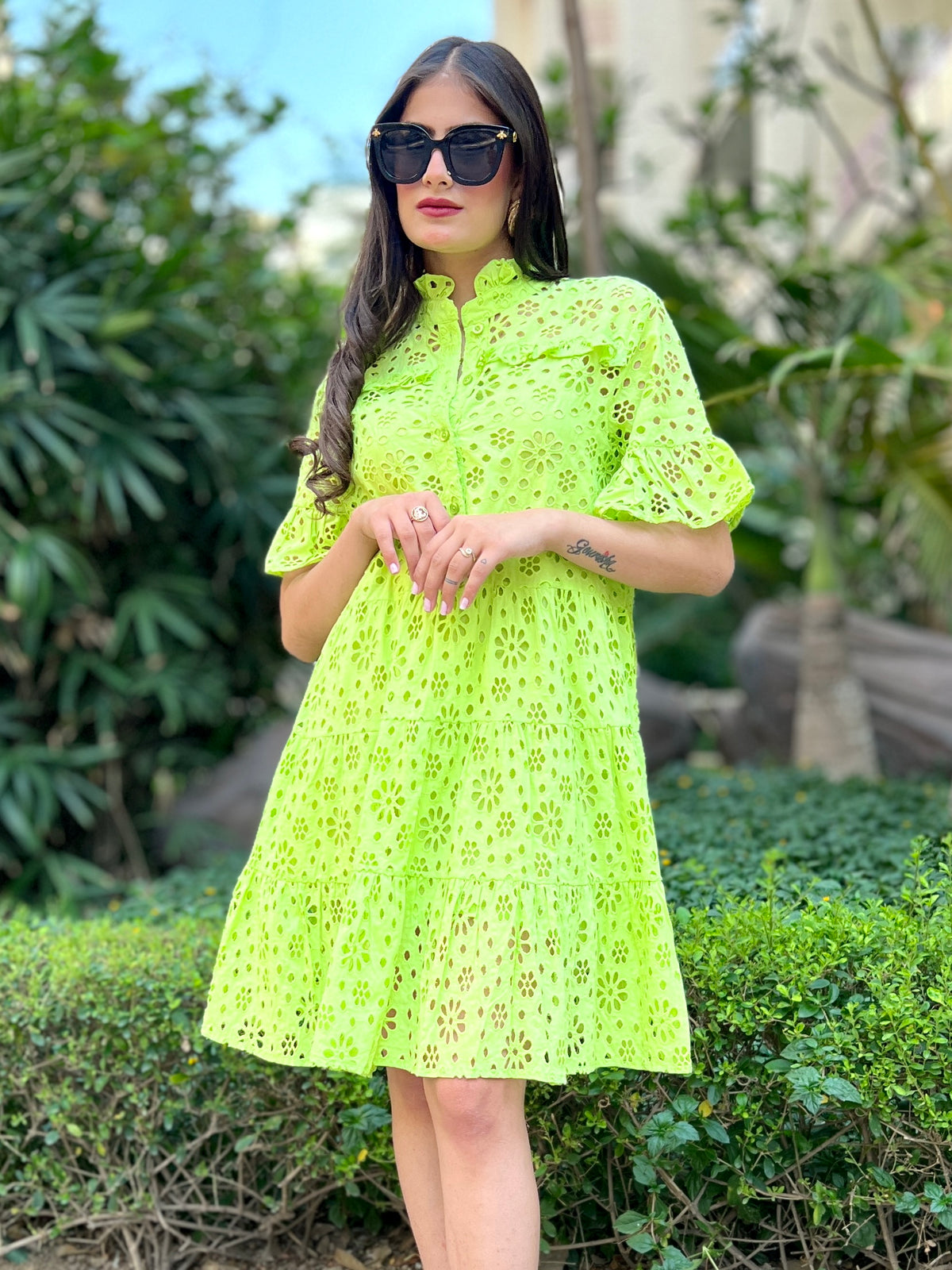 Lush Green Loose Fit Schiffli Dress. - CHIKARI