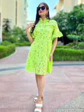 Load image into Gallery viewer, Lush Green Loose Fit Schiffli Dress. - CHIKARI

