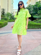 Load image into Gallery viewer, Lush Green Loose Fit Schiffli Dress. - CHIKARI
