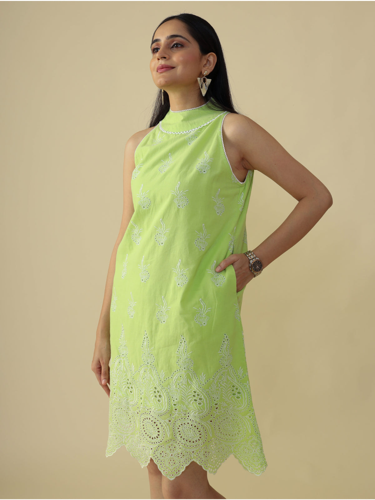 Lush Green in Cut Band Collar Dress - CHIKARI