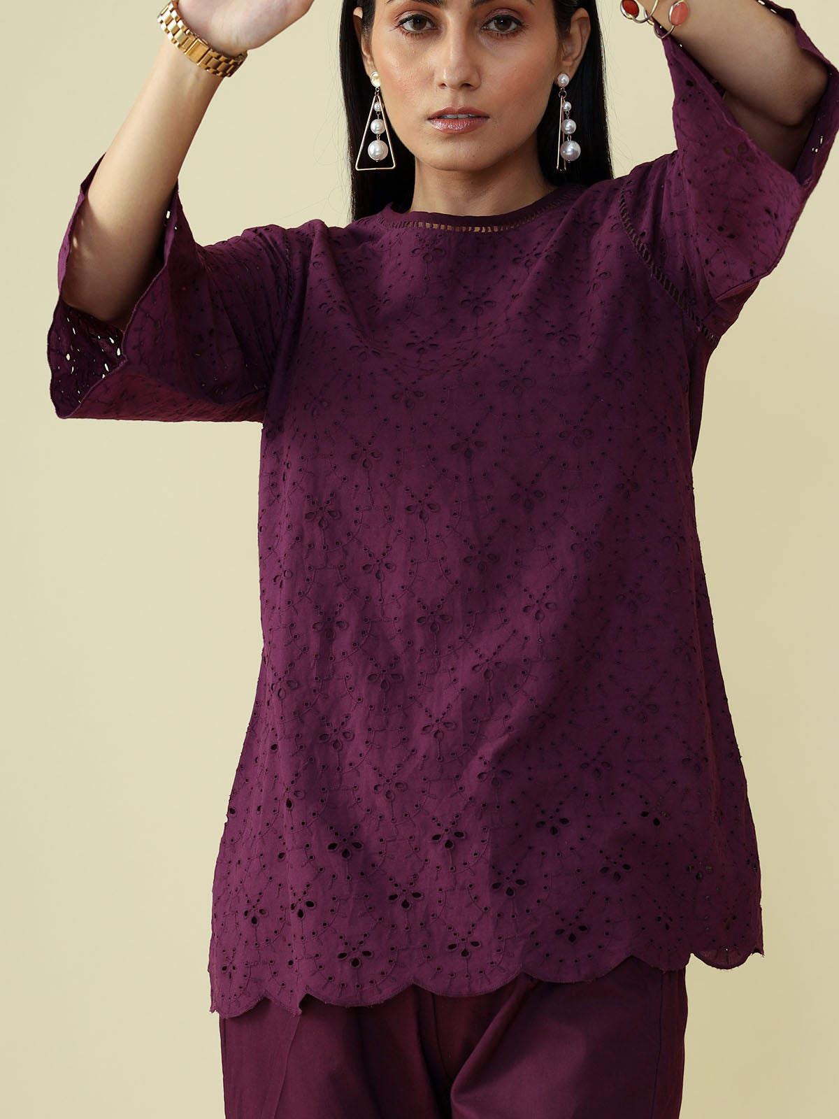 Plum Schiffli Short Kurta Set - CHIKARI