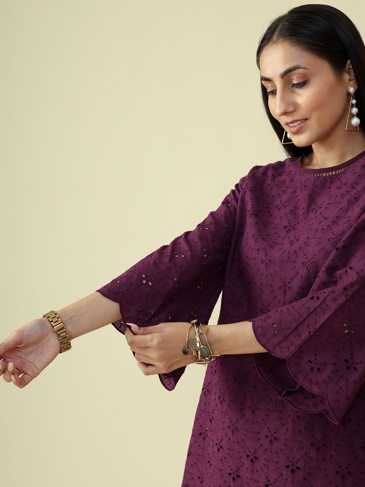 Plum Schiffli Short Kurta Set - CHIKARI