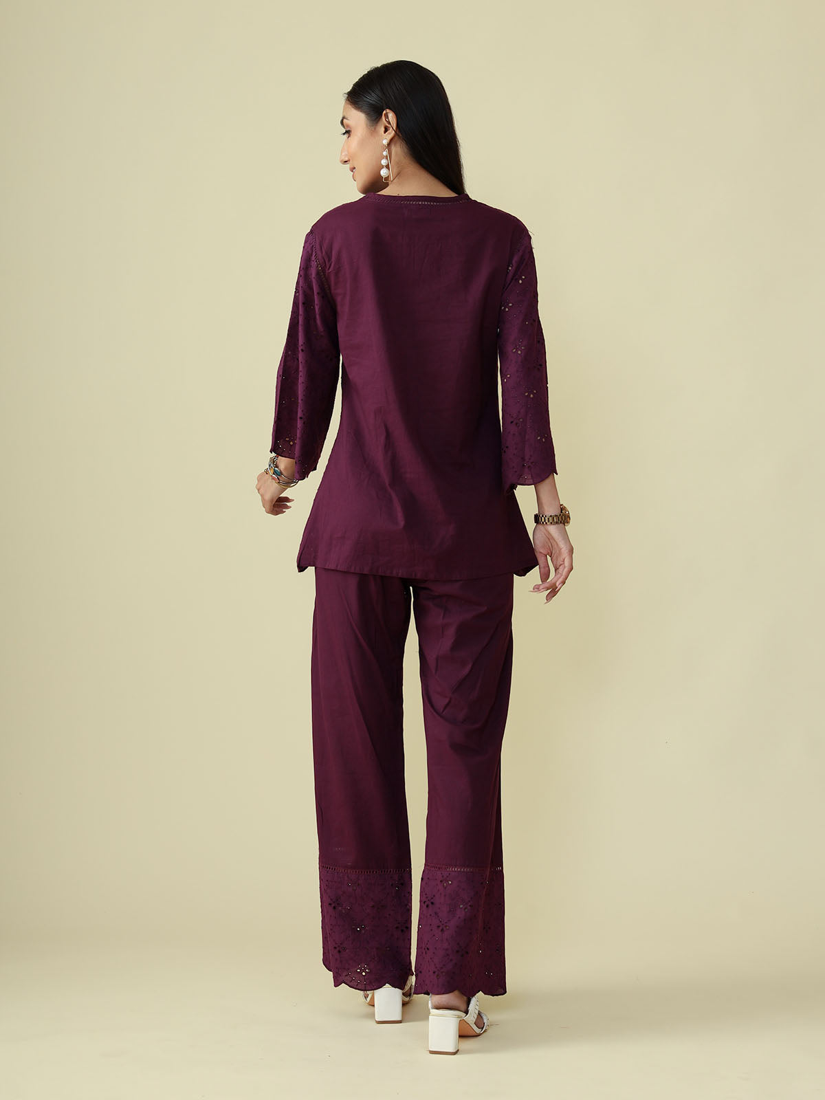 Plum Schiffli Short Kurta Set - CHIKARI