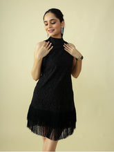 Load image into Gallery viewer, Black Schiffli Fringe Dress.
