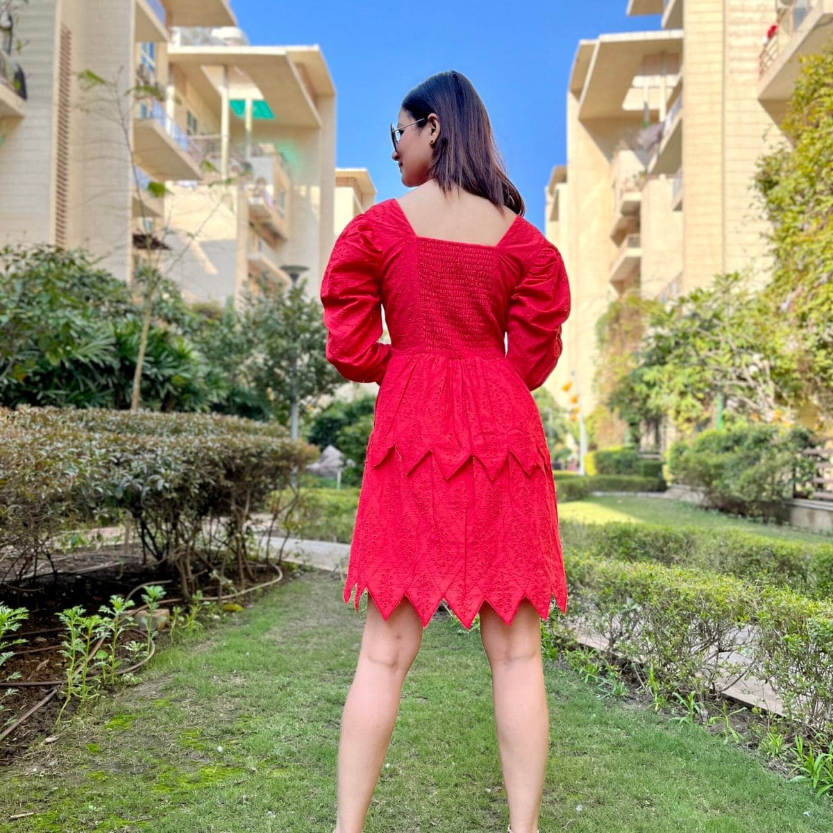 Schiffli Dress With Dramatic Sleeves Red - CHIKARI