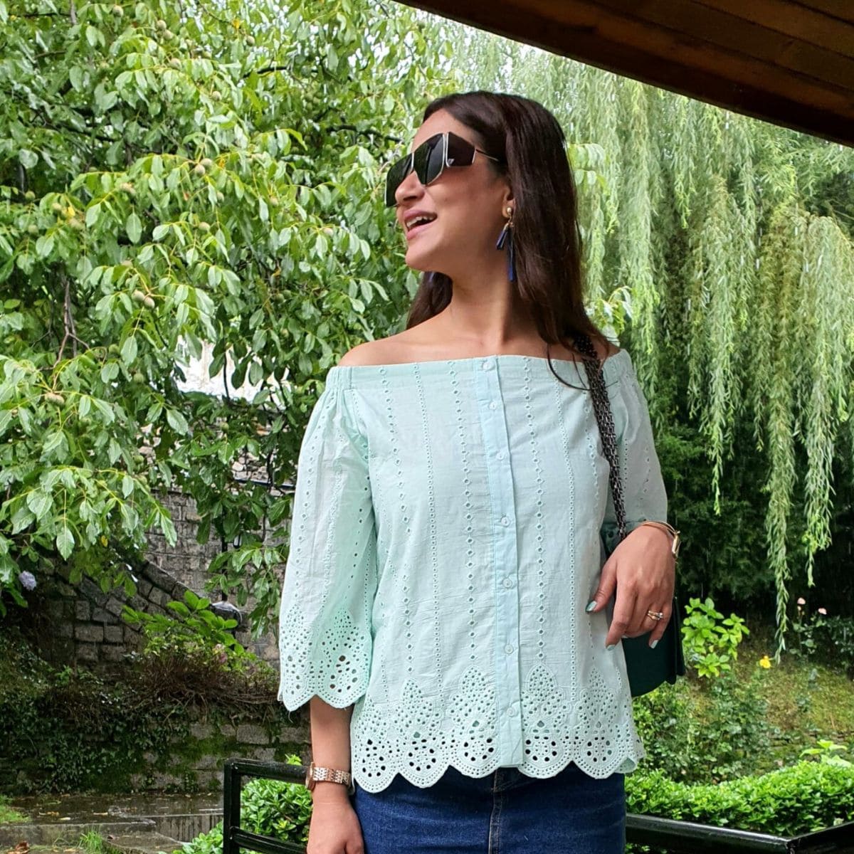Schfilli Off shoulder Top with Bordei emb at hem and sleeves - CHIKARI