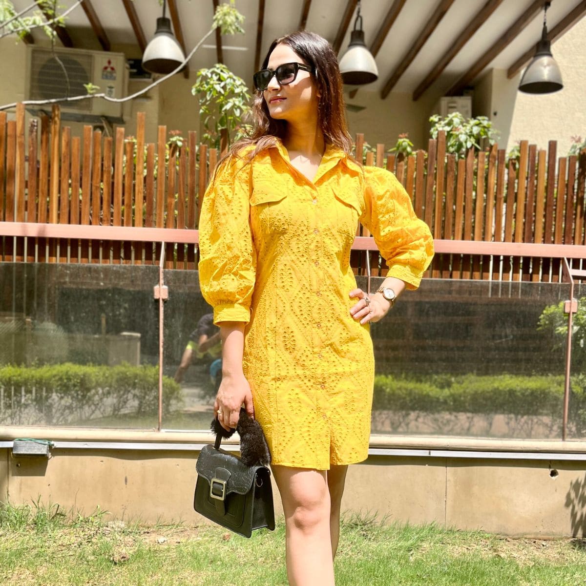 Schiffli Shirt Dress With Balloon Sleeves Yellow – CHIKARI