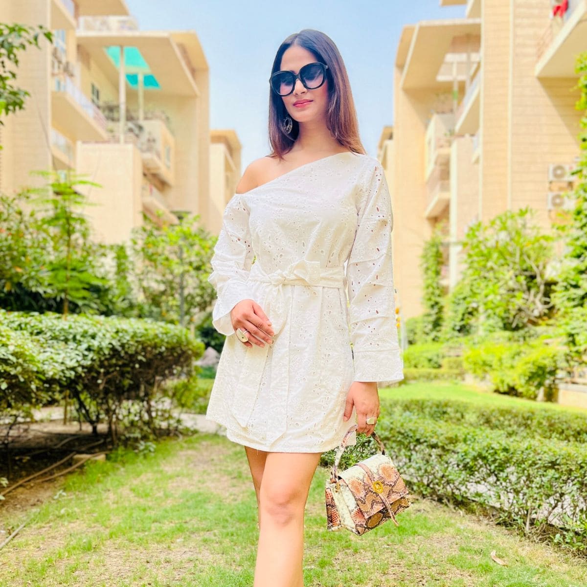 One Shoulder Schiffli Short Dress White. – CHIKARI