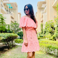Load image into Gallery viewer, Off Shoulder Schiffli Dress Pink - CHIKARI
