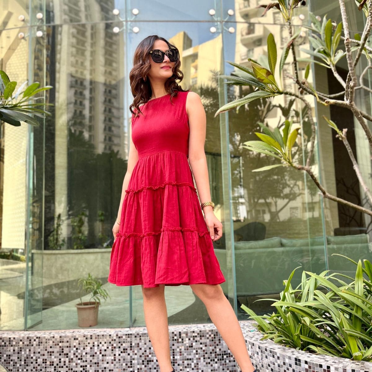 Red Tiered Dress With Cross Back - CHIKARI