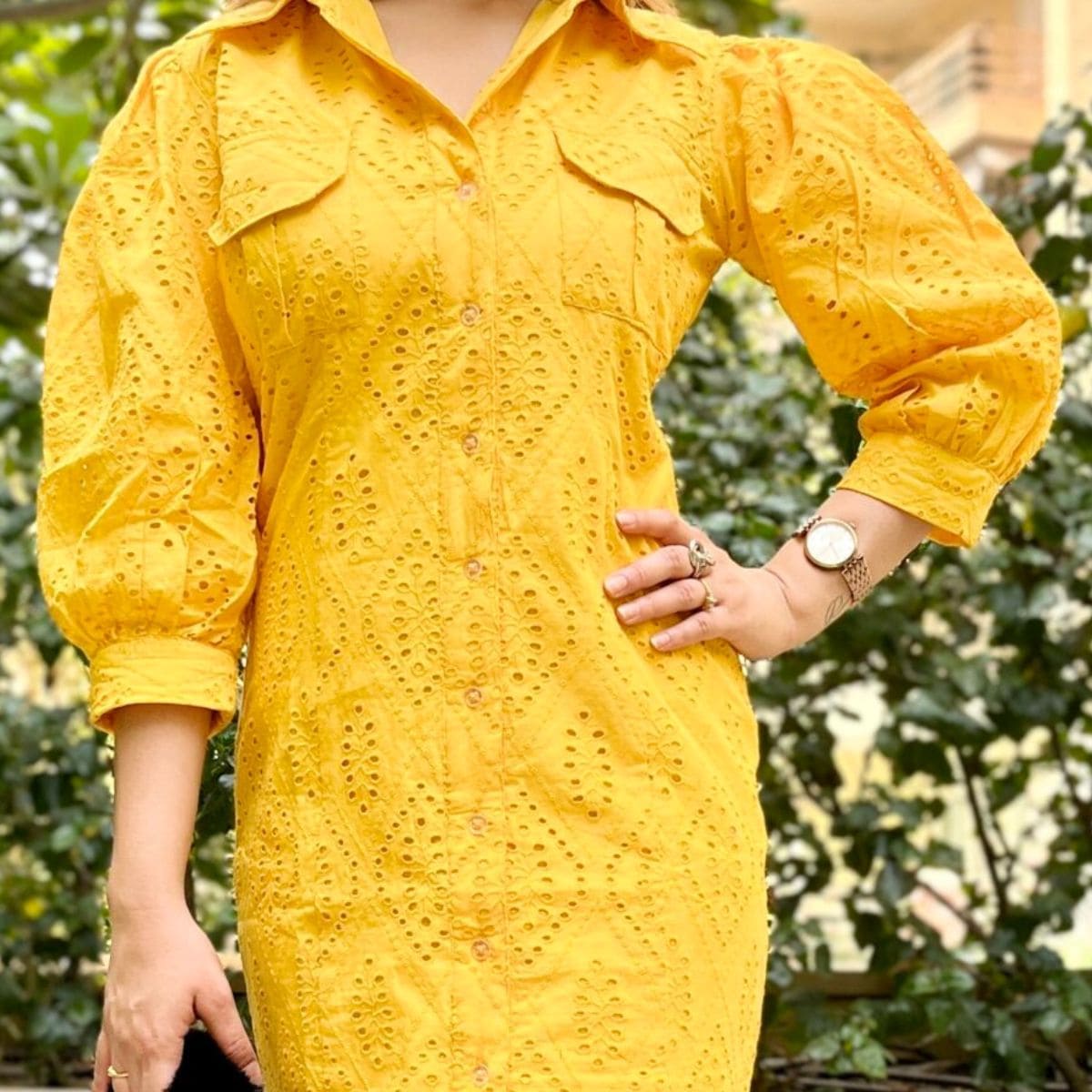 Schiffli Shirt Dress With Balloon Sleeves Yellow - CHIKARI