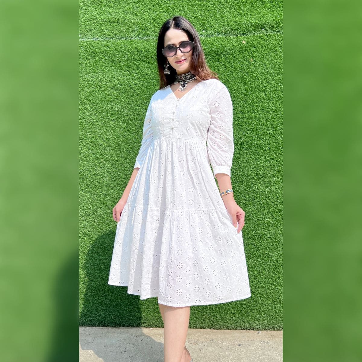 Long Schiffli Tiered Dress White - CHIKARI