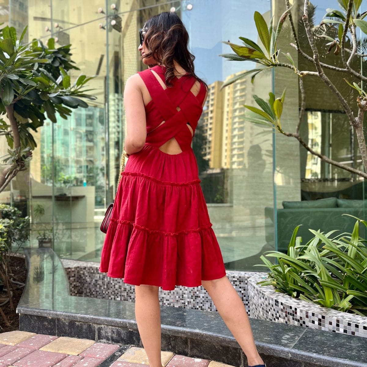 Red Tiered Dress With Cross Back - CHIKARI