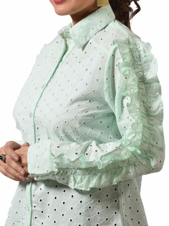 Schiffli Cotton Shirt Frill On Sleeves - CHIKARI