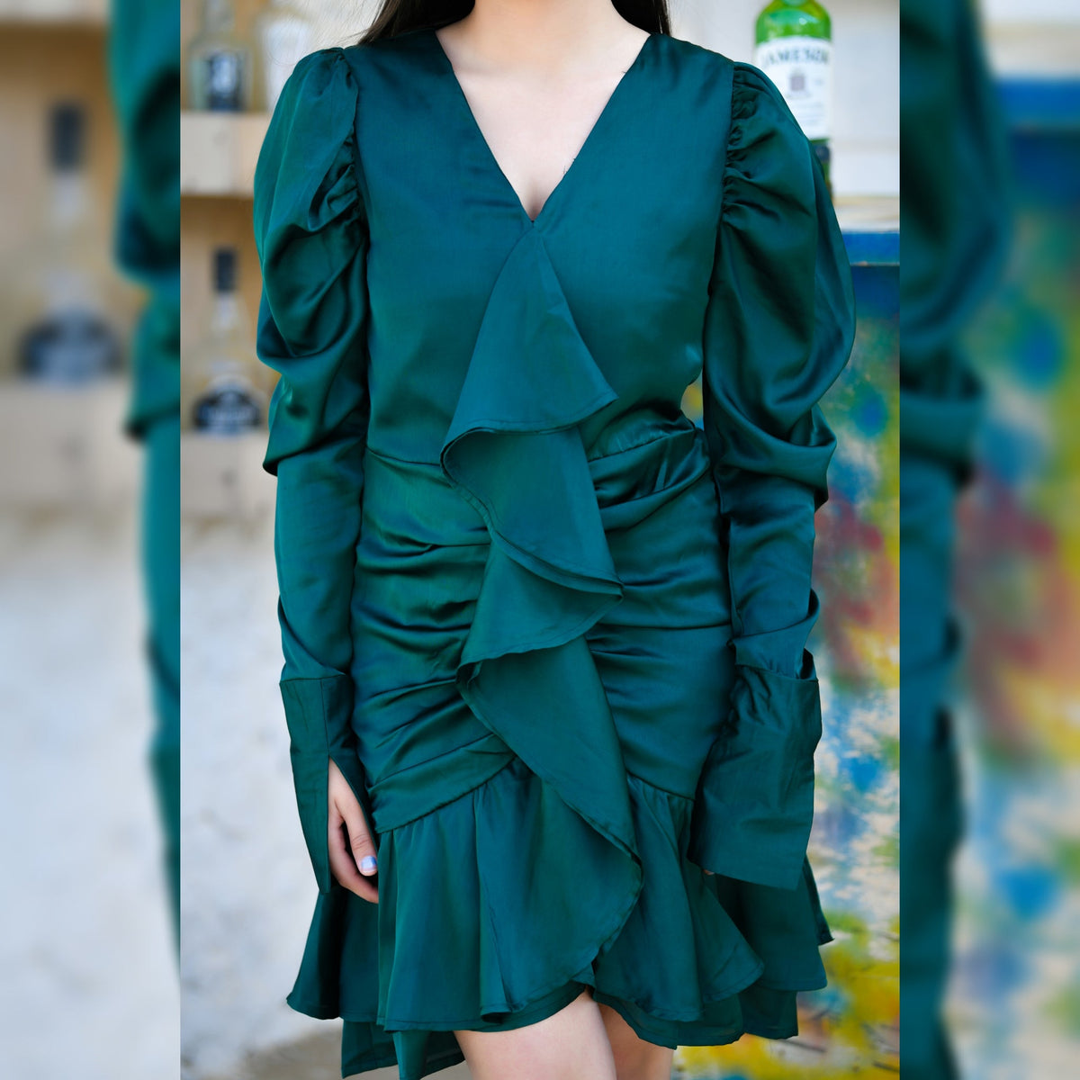 Green Wrapped Ruffle Dress - CHIKARI