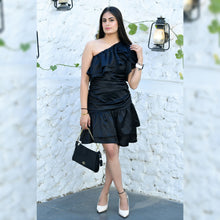 Load image into Gallery viewer, Black Satin One Shoulder Dress - CHIKARI