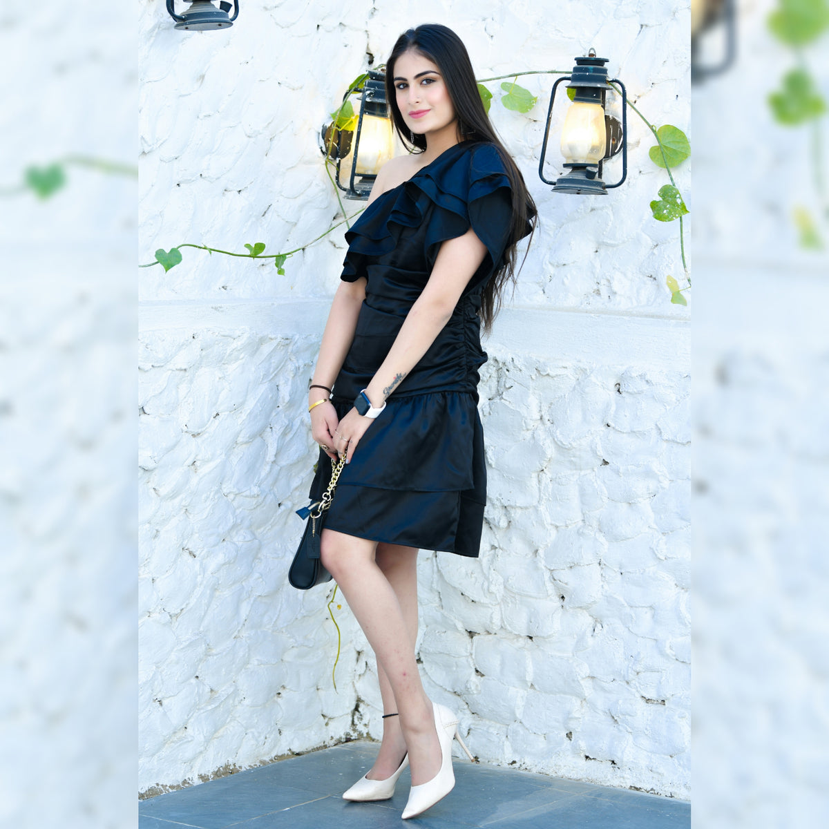 Black Satin One Shoulder Dress - CHIKARI