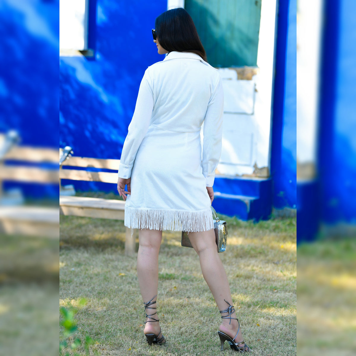 White Shimmer Wrap Dress With Fringes - CHIKARI