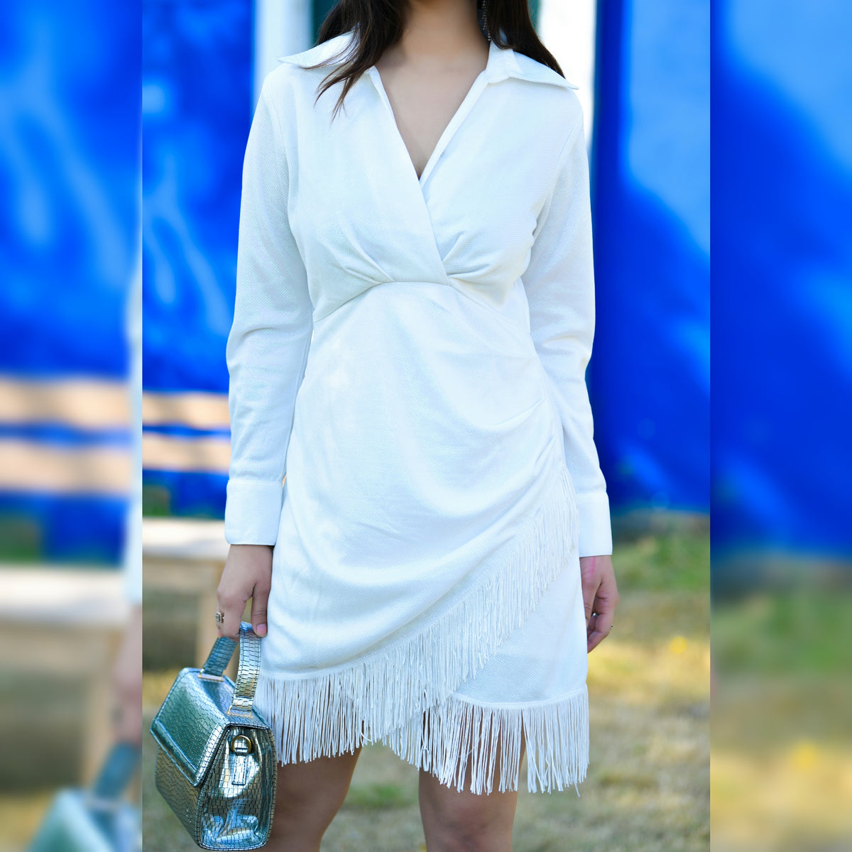 White Shimmer Wrap Dress With Fringes - CHIKARI