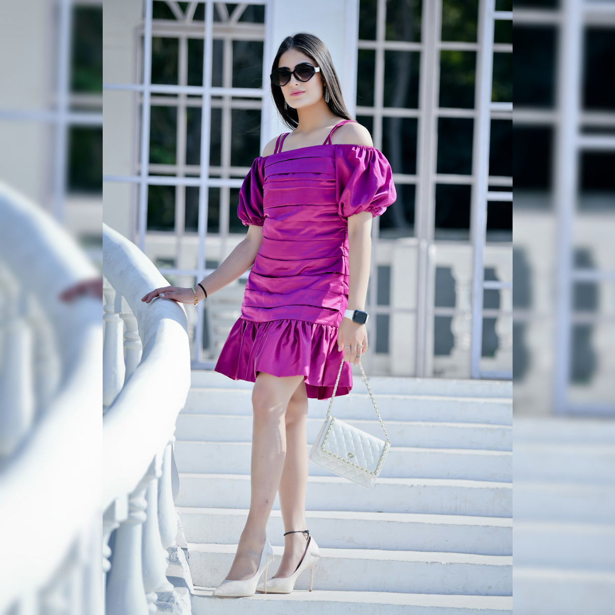 Hot Pink Pleated Puff Sleeves Dress - CHIKARI