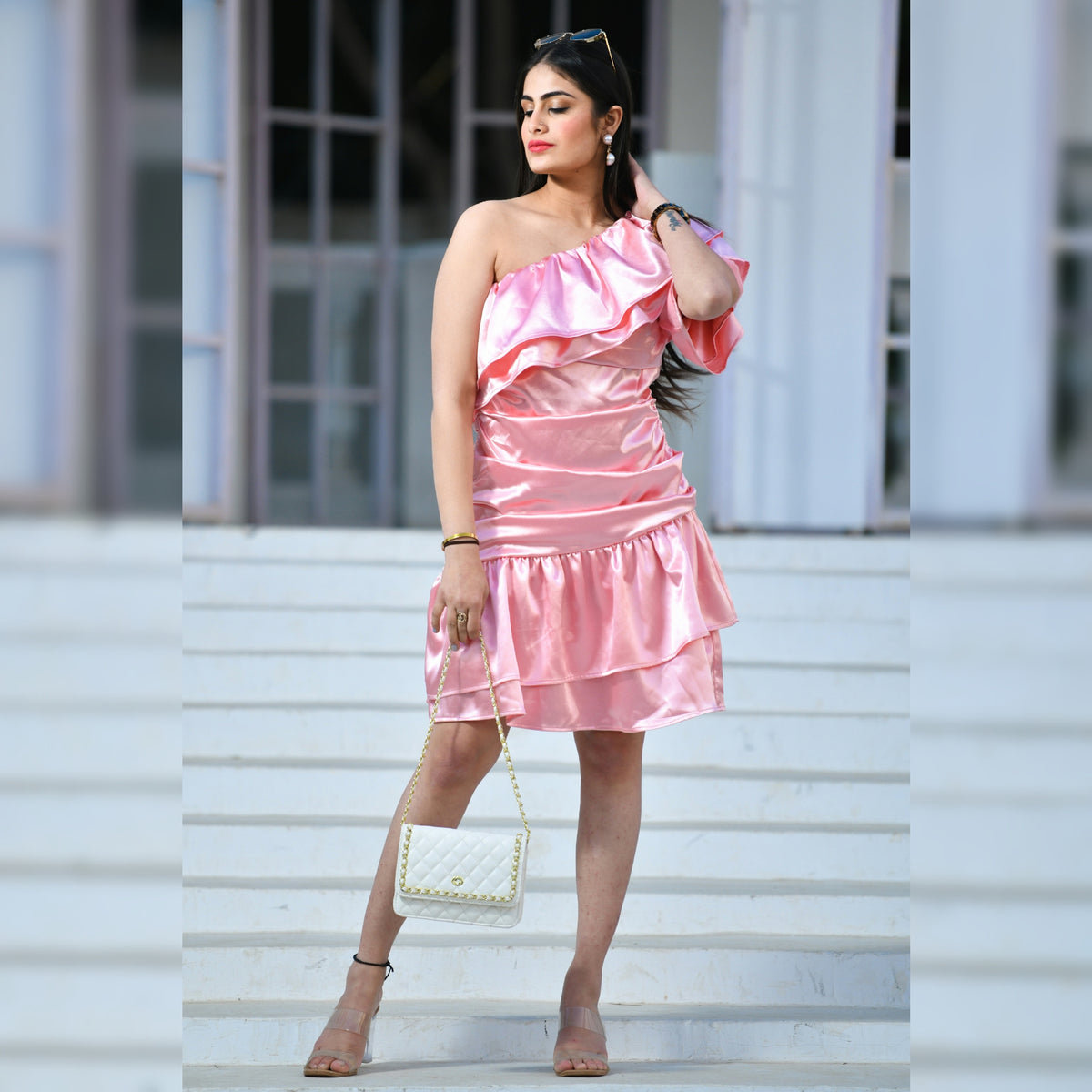 Pink Satin One Shoulder Dress - CHIKARI