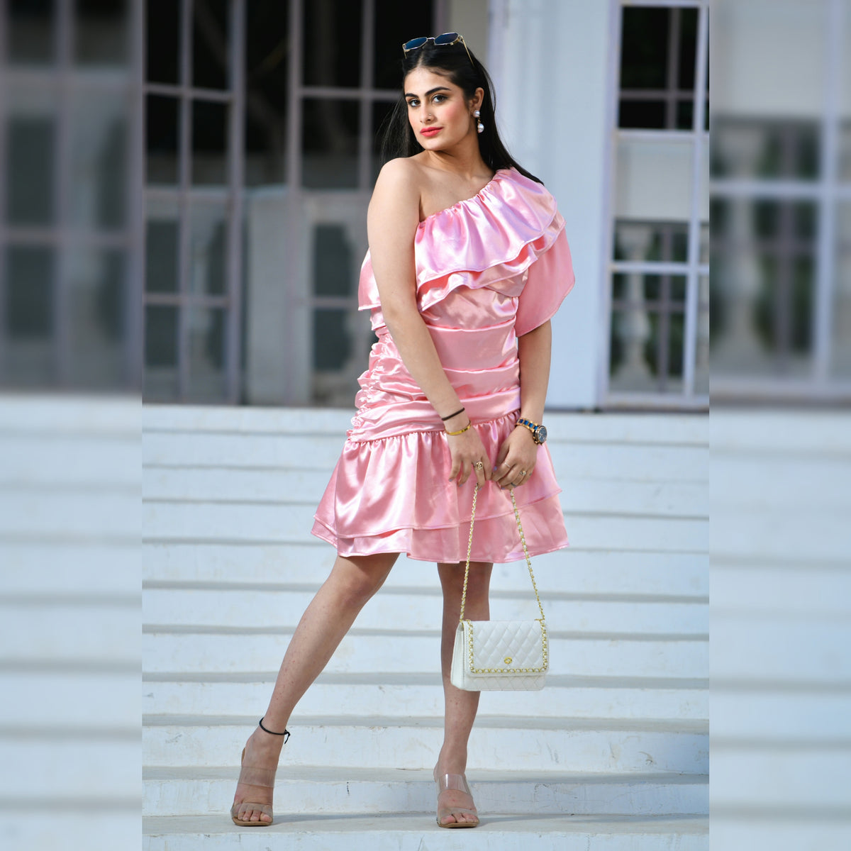 Pink Satin One Shoulder Dress - CHIKARI