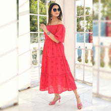 Load image into Gallery viewer, Long Schiffli Off Shoulder Dress - CHIKARI
